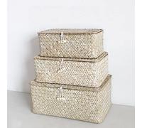 Set di 3 Alghe Tessute a Mano Cestino Portaoggetti con Coperchio, Scatola Rettangolare in Rattan per Giocattoli Vestiti Libri Chiavi Organizer Trucco Cestini Scaffali