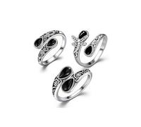 Set di 3 anelli in ossidiana nera, regolabile, aperto, in argento, per alleviare l'ansia, anelli per la consapevolezza, regalo per le donne, Grande, Zinco, Non pietra preziosa