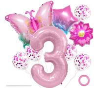 Set di 3 anni farfalla 3 anni decorazione farfalla 3 anni kit palloncini per 3° compleanno, farfalle colorate giganti, tema di palloncini floreali XXL per decorazione ragazza 3° compleanno