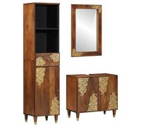 Set di 3 armadietti da bagno in legno massiccio di mango marrone miele con | legno massello di mango, marrone miele, serigrafato, maniglie in ottone, armadietto alto, specchio da parete