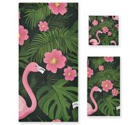 Set di 3 asciugamani assorbenti per il viso con fenicotteri tropicali, foglie di palma, fiori rosa vibrante, 1 asciugamano da bagno, 1 asciugamano da bagno, 1 panno per cucina, bagno, yoga, palestra