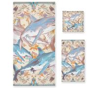 Set di 3 asciugamani da viso in stile bohémien, con fiori e squali blu dalla testa ai piedi, 1 asciugamano da bagno, 1 asciugamano per le mani, 1 panno per la casa, cucina, hotel, palestra, nuoto, spa