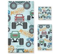 Set di 3 asciugamani decorativi per il viso con mostri e camion dei cartoni animati senza cuciture, 1 asciugamano da bagno, 1 asciugamano per le mani, 1 panno per la casa, cucina, hotel, palestra