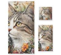 Set di 3 asciugamani morbidi per il viso con pittura ad acquerello, motivo gatto e fiore, 1 asciugamano da bagno, 1 asciugamano per le mani, 1 panno per la casa, cucina e famiglia
