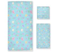 Set di 3 asciugamani per il viso con uccellini e piccoli fiori blu dalla testa ai piedi dei cartoni animati, 1 asciugamano da bagno, 1 asciugamano per le mani, 1 panno per il viso del corpo