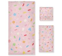 Set di 3 asciugamani per il viso in microfibra rosa con motivo fuochi d'artificio in stile cartone animato, 1 asciugamano da bagno, 1 asciugamano per mani, 1 panno per la casa, cucina, hotel, palestra