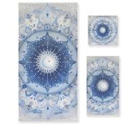 Set di 3 asciugamani per la pulizia del viso a forma di mandala bohémien, colore bianco e azzurro, 1 asciugamano da bagno, 1 asciugamano per le mani, 1 panno per la casa, cucina, hotel, palestra