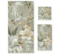 Set di 3 asciugamani per la pulizia del viso in stile bohémien, motivo floreale, verde reale, 1 asciugamano da bagno, 1 asciugamano per le mani, 1 panno per yoga, bagno, cucina