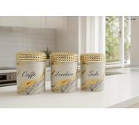 Set di 3 Barattoli da Cucina con Coperchio, Caffè Zucchero Sale, Stile Vintage, Colore Beige con Texture Marmorizzata Silver (gold)