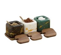 Set di 3 barattoli per spezie in ceramica, 360 ml, barattoli per spezie da cucina, zuccheriera rotonda con coperchio, cucchiai e vassoio, per cucina e casa