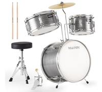 Set di 3 batterie per bambini con trono, batteria per principianti junior con grancassa, rullante, tom, piatto, pedale, bacchette, sedile regolabile, set per bambini di età superiore ai 3 anni