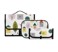 Set di 3 beauty case da appendere con gancio, graziose casette volpe e alberi autunnali (1) kit da viaggio per trucco, borsa portatile per cosmetici, organizer per pennelli per donne e ragazze, #01, 3