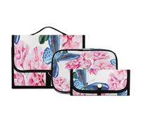 Set di 3 beauty case da viaggio da appendere con gancio, con fiore di azalea rosa, blu, farfalla, floreale, kit da viaggio, portatile, organizer per cosmetici, pennelli per donne e ragazze, #14, 3