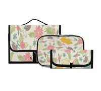 Set di 3 beauty case da viaggio da appendere con gancio, divertente ippopotamo con fiori, borsa portatile per cosmetici, organizer per pennelli per donne e ragazze, #01, 3 pezzo Set, Beauty case