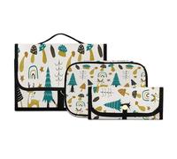 Set di 3 beauty case da viaggio da appendere con gancio, grazioso kit da viaggio con motivo albero di pino e cervo, borsa portatile per cosmetici, organizer per pennelli per donne e ragazze, #01, 3