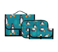 Set di 3 beauty case da viaggio da appendere con gancio, motivo astratto pinguino su sfondo blu, borsa portatile per cosmetici, organizer per pennelli per cosmetici per donne e ragazze, #01, 3 pezzo