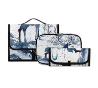 Set di 3 beauty case da viaggio da appendere con gancio, motivo cervo blu, portatile, organizer per cosmetici, pennelli per donne e ragazze, #01, 3 pezzo Set, Beauty case
