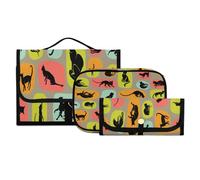Set di 3 beauty case da viaggio da appendere con gancio, motivo silhouette di gatto, portatile, organizer per cosmetici, pennelli per donne e ragazze, #01, 3 pezzo Set, Beauty case