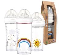 Set di 3 Biberon Anticolica Premium - Biberon 360ml, 210ml a Collo Largo - Tettarelle in Silicone a 3 Velocità, 0-6 Mesi e oltre - Allattamento Misto Neonata - Senza BPA BPS BPF - Per neonati e oltre.