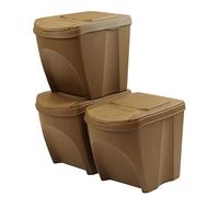 Set di 3 bidoni cestini SortiBox impilabili raccolta differenziata in plastica ECO con 33% legno 75 litri (3x25L) da riciclaggio Natura marrone pattumiera per interni casa da cucina