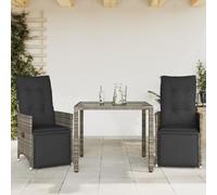 Set di 3 bistrò da giardino con cuscino, grigio, polyrattan, poltrone regolabili, tavolo in vetro, mobili da esterno per balcone, terrazza