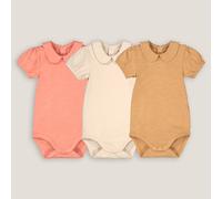 Set di 3 body con colletto alla Peter Pan e maniche corte, in cotone fiammato, a tinta unita Beige 3 mesi - 60 cm Tinta unita