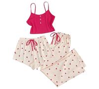 Set di 3 body da donna con spaghetti, canotta e pantaloncini, pigiama Y2k, pigiameria, morbido pigiama da donna, in due pezzi, per l'estate e la primavera, Rosa acceso., L