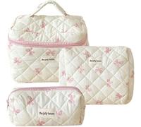Set di 3 borse da donna trapuntate, borsa per trucco, borsa da bagno, borsa per cosmetici, borsa da viaggio, borsa da trucco da donna, colore rosa e moda., Rosa Bow, alla moda