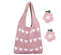 Set di 3 borse da spiaggia, 1 borsa da spiaggia da donna e 2 fiori rosa, borsa da crochet con simpatico motivo a cuore, borsa all'uncinetto, per acquisti e uso quotidiano