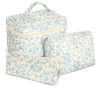 Set di 3 borse per cosmetici, grandi e pratiche, in cotone e lino, colore bianco, con motivo floreale, pratica conservazione per cosmetici e prodotti per la, da viaggio, come indicato