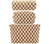 Set di 3 borse per il trucco a scacchi per le donne grandi, medie e piccole, marroni, borsa da viaggio per il trucco per borsa con cerniera organizer per articoli da toeletta carino Y2K estetica alla