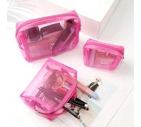 Set di 3 borse per il trucco in rete trasparente rosa, tra cui un organizer per il trucco di grande capacità, un piccolo astuccio per il rossetto e una borsa da viaggio media per articoli da toeletta.