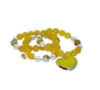Set di 3 braccialetti in Murano con perle, ciondolo a forma di cuore giallo, stile elegante, Ajustable, Goldfilled, 0