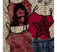 Set di 3 canotte a bretelle con stampe di paisley, ritratti femminili e lettere a stelle, in stile vintage, casual, per vacanze, carino e alla moda in stile Y2K, boho, da festival musicali L,M,S,XSCol