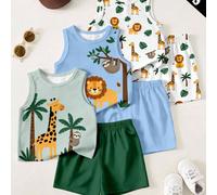 Set di 3 canotte casual minimaliste per neonato maschio, stampa classica e carina di giraffa cartone animato, leone affascinante, piccolo orso e palma, adatte per le vacanze estive 6-9M,9-12M,12-18M,1