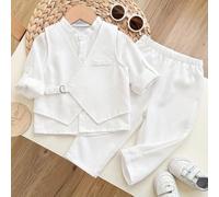 Set di 3 capi stile casual minimalista per bambino, include canotta regolare, camicia a maniche lunghe con colletto alla coreana (lunghezza maniche regolabile) e pantaloni lunghi, per un look da genti