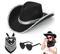 Set di 3 cappelli da cowboy, accessori per travestimenti, cappelli da cowboy neri da donna, set con bandana e occhiali, costume da cowboy selvaggio per adulti, per compleanno, Halloween, addio al