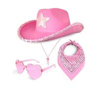 Set di 3 cappelli da cowboy da donna, cappello western con paillettes, bandana Paisley e occhiali da sole a forma di cuore, accessori per costume da cowgirl, per feste in maschera, compleanni