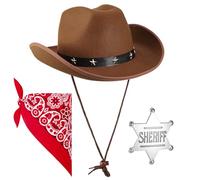 Set di 3 cappelli da cowboy e sciarpa, cappelli da cowboy con bandana da sceriffo del selvaggio West, accessorio per feste in maschera occidentale, accessorio per adulti, donne, uomini, feste a tema