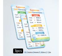 Set di 3 carte per convertire le unità, con una guida per le misure metriche, tra cui lunghezza, peso, volume e capacità. Queste flashcard educative fungono da supporti didattici in classe.