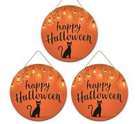 Set di 3 cartelli di benvenuto con gatto per porta d'ingresso, lanterne da appendere per Halloween e feste di Halloween, in legno arancione, con scritta "Welcome to our home", decorazioni per esterni