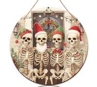 Set di 3 cartelli di benvenuto con scheletro per porta d'ingresso, cappello di Babbo Natale, luci natalizie in legno rosso, portico esterno, cartelli di benvenuto, decorazione per porta d'ingresso