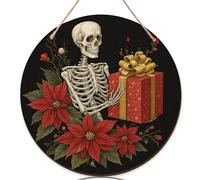 Set di 3 cartelli di benvenuto con scheletro per porta d'ingresso, scatola regalo vintage a forma di stella di Natale, in legno rosso, per decorazioni anteriori e esterne, portico esterno