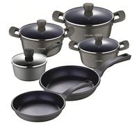 Set di 3 casseruole con coperchio (20x24x28 cm) e pentola da 16 cm + padelle da 26x28 cm in alluminio pressofuso antiaderente (3Claveles)