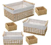 Set di 3 cestini in corda di carta con tessuto di cotone poliestere naturale e bianco 50x35x25+44x30x20+37x25x17 cm