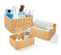 Set di 3 cestini portaoggetti in vimini intrecciato, per mensole e mensole, 1 grande e 2 piccoli, stile rustico, per la casa, camera da letto e bagno (naturale)