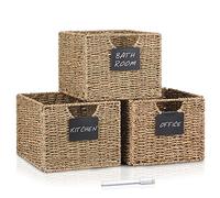 Set di 3 cestini portaoggetti rettangolari in alga, 26,5 x 24 x 19 cm, pieghevoli, in vimini, scaffali, organizer naturale per bagno e soggiorno