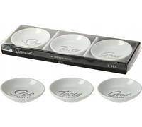 Set di 3 ciotole da snack in porcellana bianca.