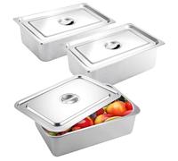 Set di 3 ciotole per alimenti in acciaio inox con coperchio, 32,5 x 17,5 x 6,5 cm, contenitore GN 1/3, per alimenti caldi e freddi, padella per hotel a buffet catering, facile da pulire