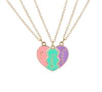 Set di 3 collane dell'amicizia con ciondolo magnetico a forma di cuore, design con cuciture a forma di cuore spezzato, smalto rosa viola foglia di tè, catena dorata BFF Jewelry